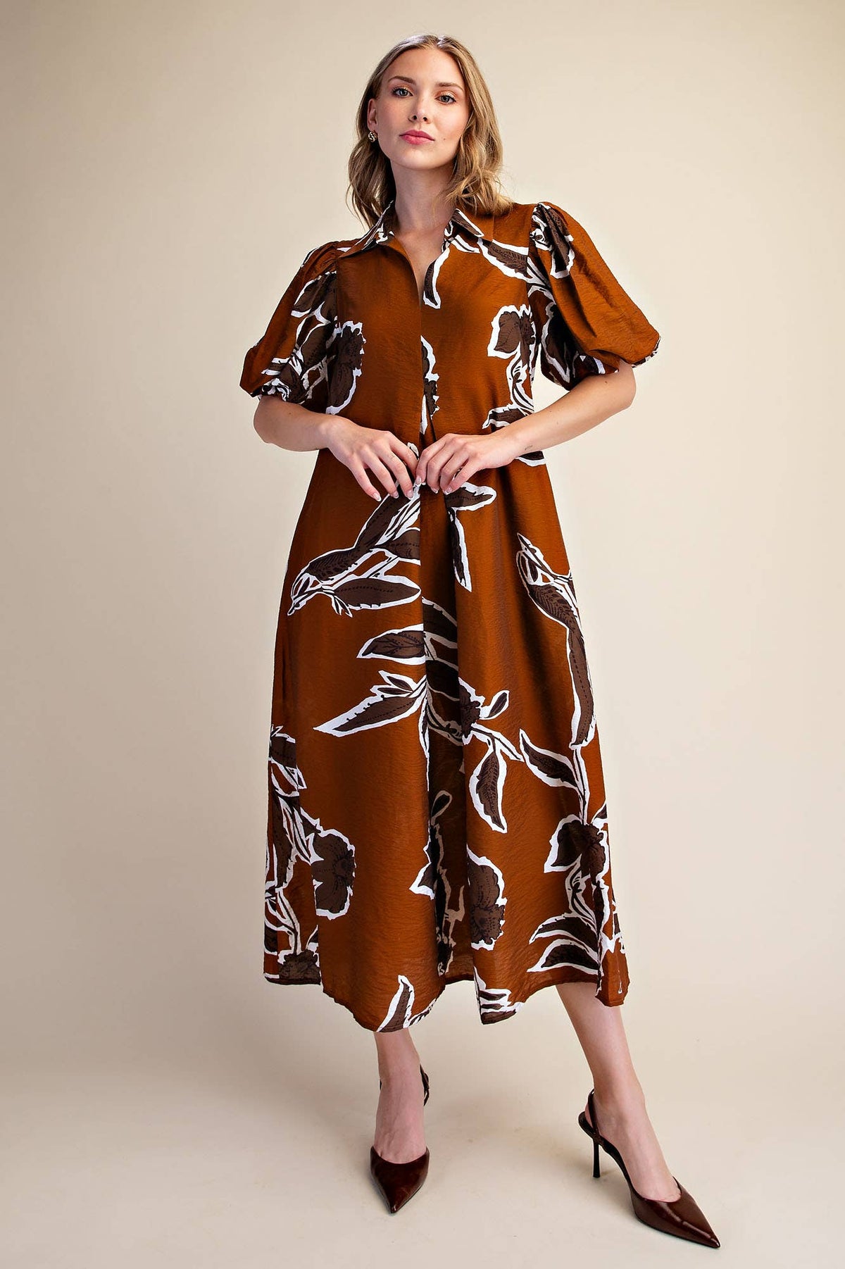 Fall/Winter Print Puff Sleeve Midi Dress : Rust / L