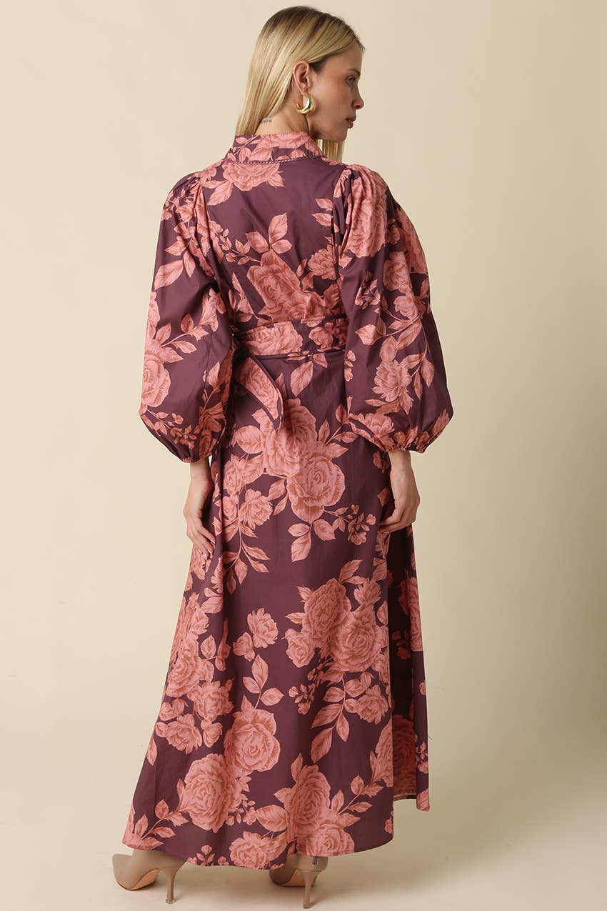 Kylie Floral Belted Maxi Dress: Wine Pink / S