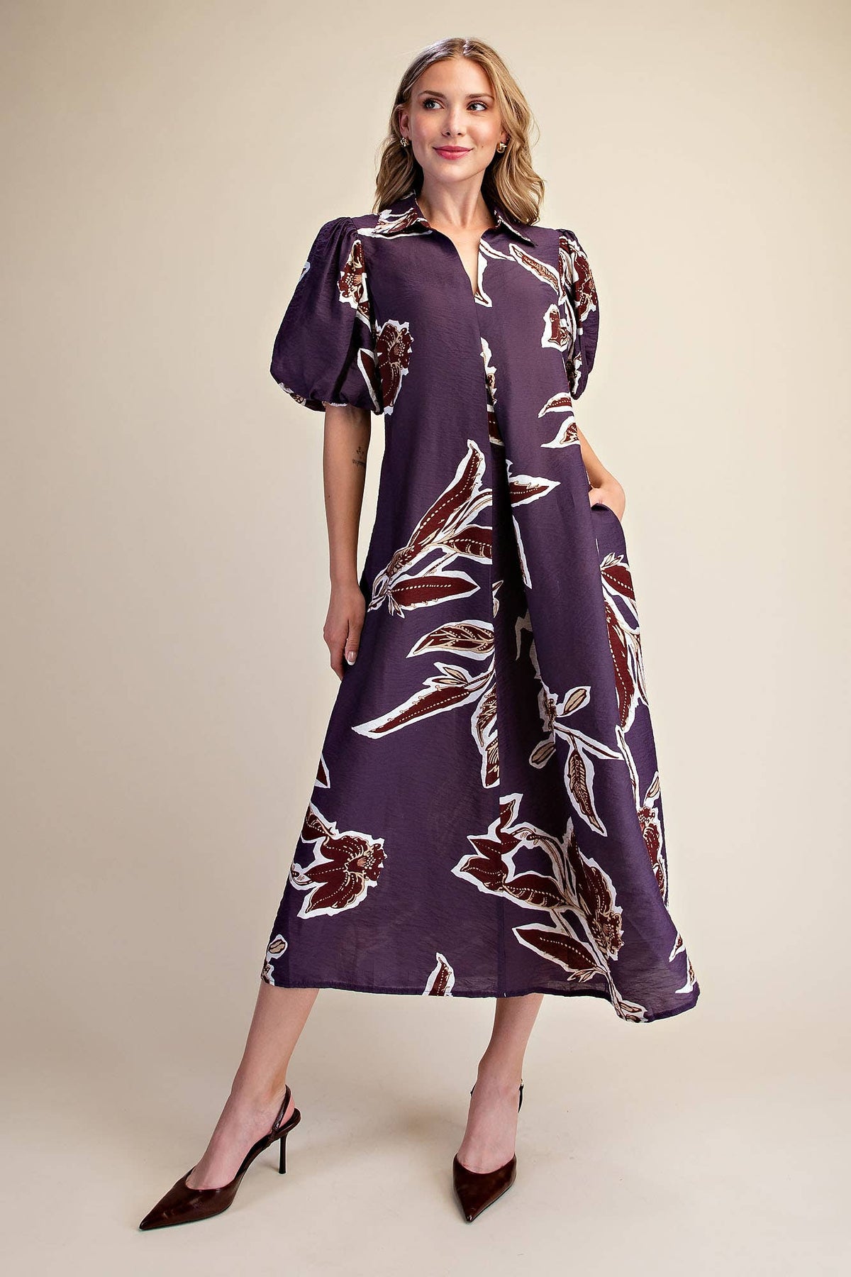 Fall/Winter Print Puff Sleeve Midi Dress : Rust / L