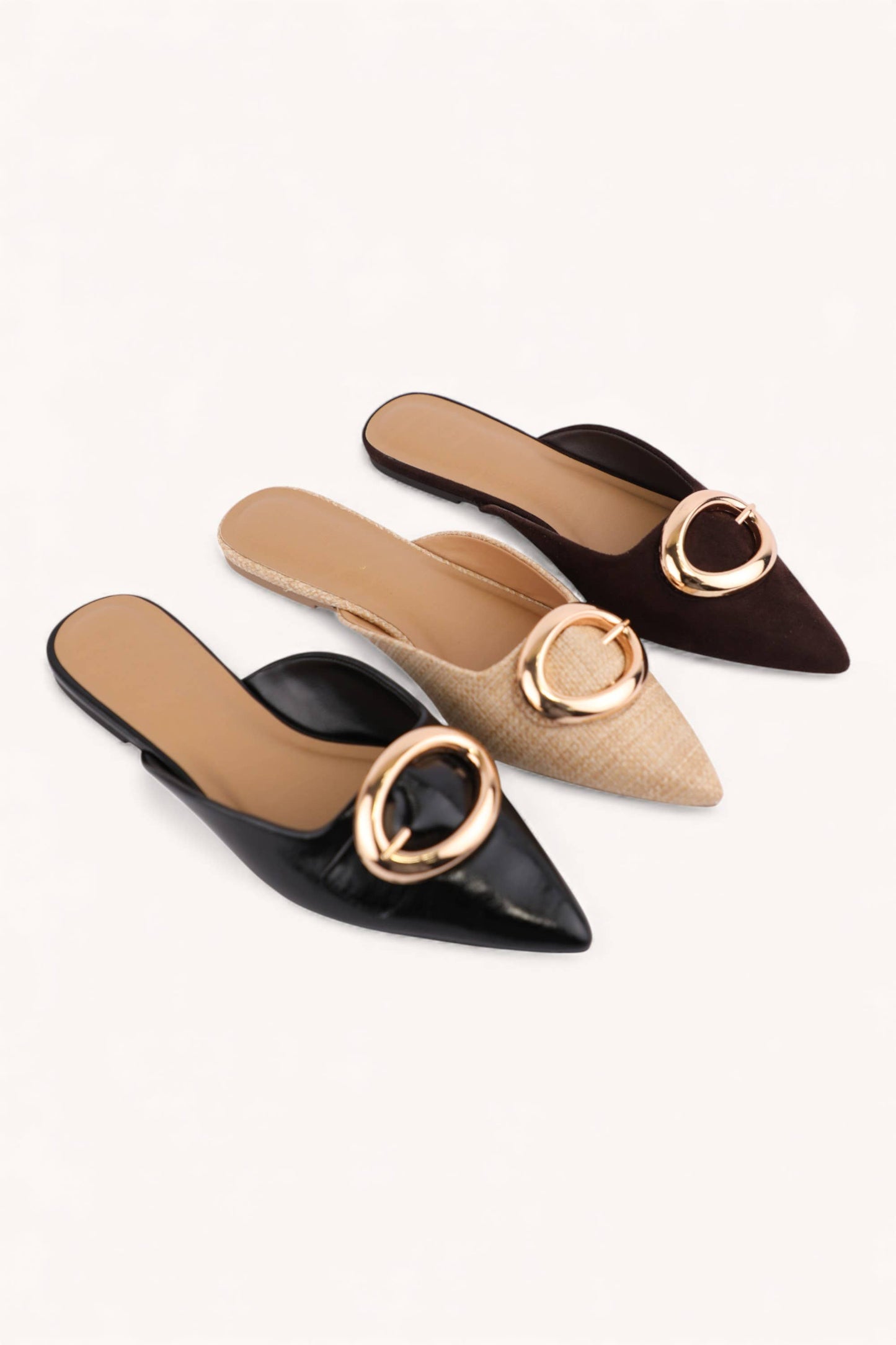 JAMIE-C MODERN WARDROBE GOLD BUCKLE POINTED TOE MULES: NATURAL RAFFIA / B18