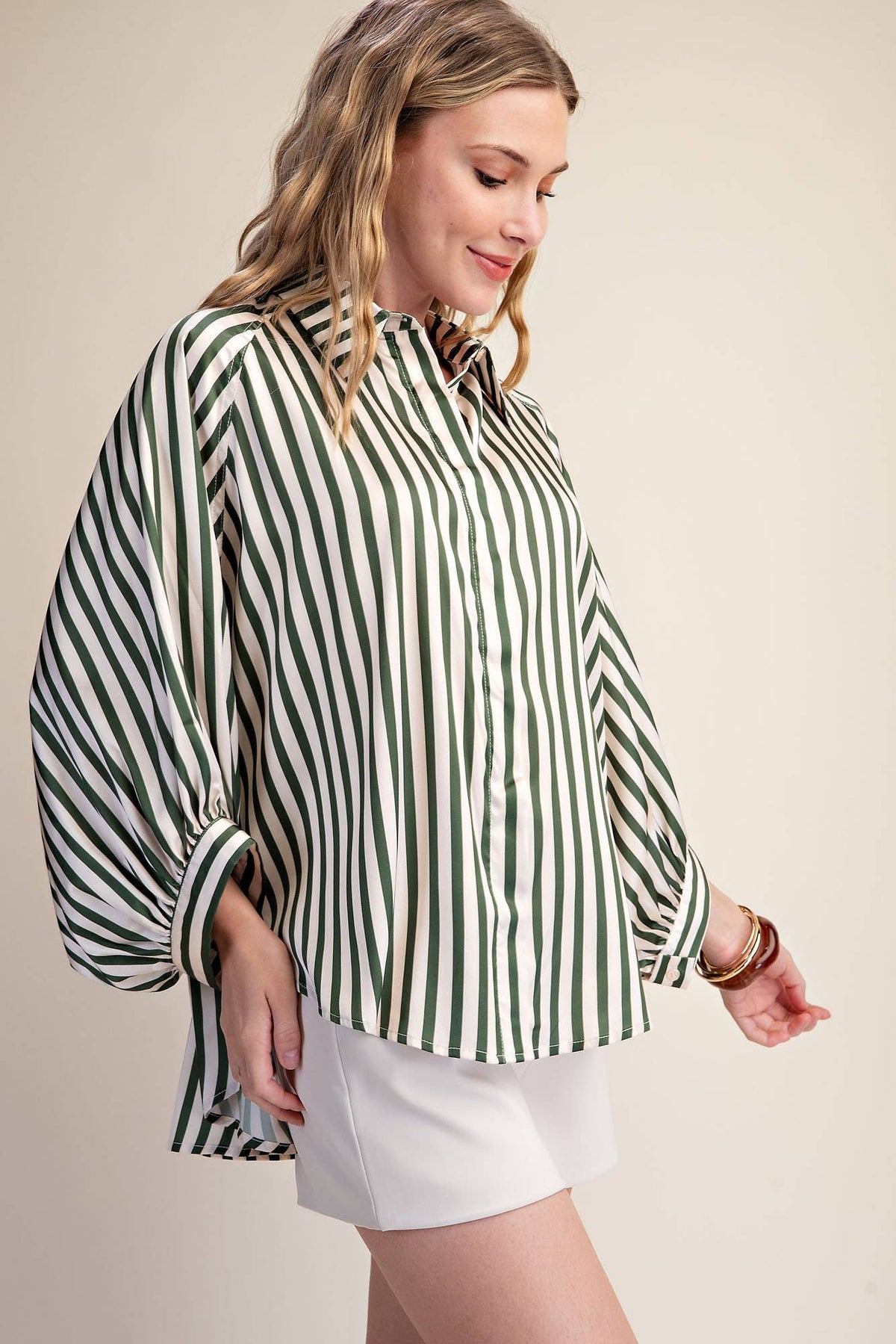 Stripe Wide Puff Sleeve Buttondown Shirt: Olive / L