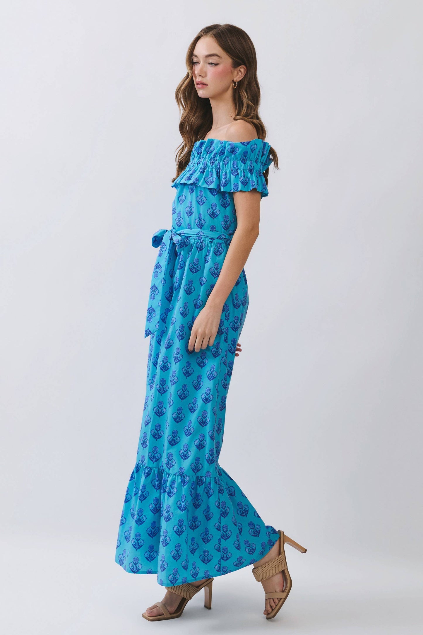 CD07146-Floral Print Off Shoulder Ruffle Maxi Dress: Blue / M