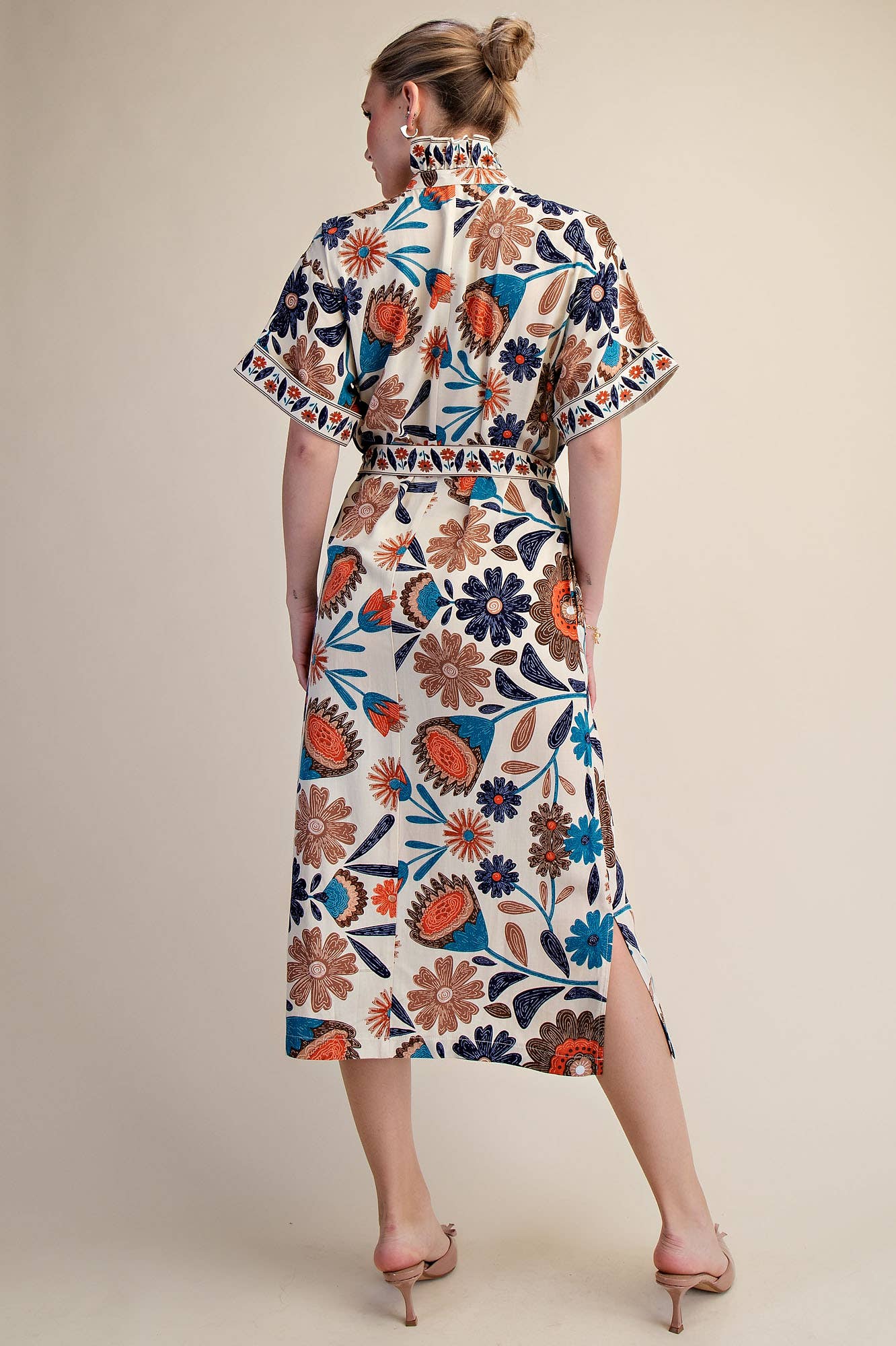 Waist Tie Belt Collar Neck Button-Up Shirts Floral Midi Dres: Coral / M