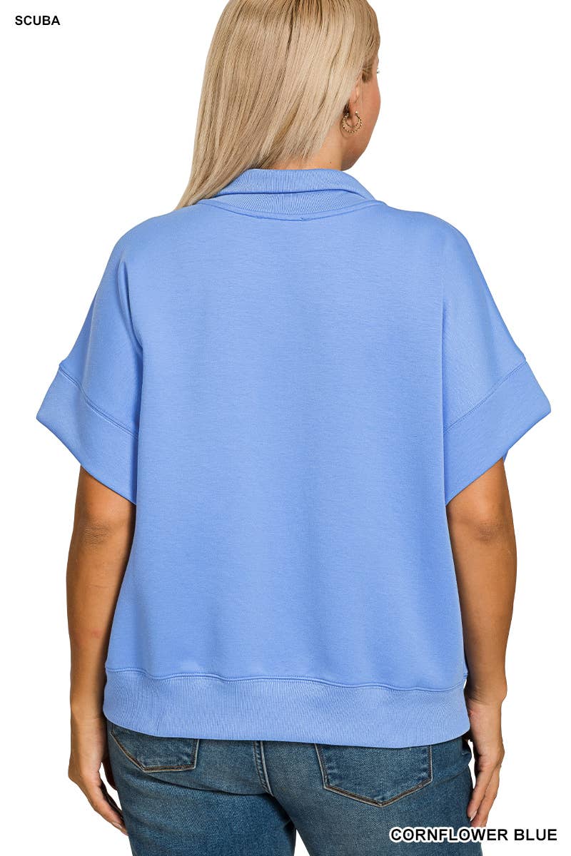 Plus Scuba High Neck Half Zip Short Slv Pullover: CORNFLOWER BLUE / 2-2-1(1X-2X-3X)