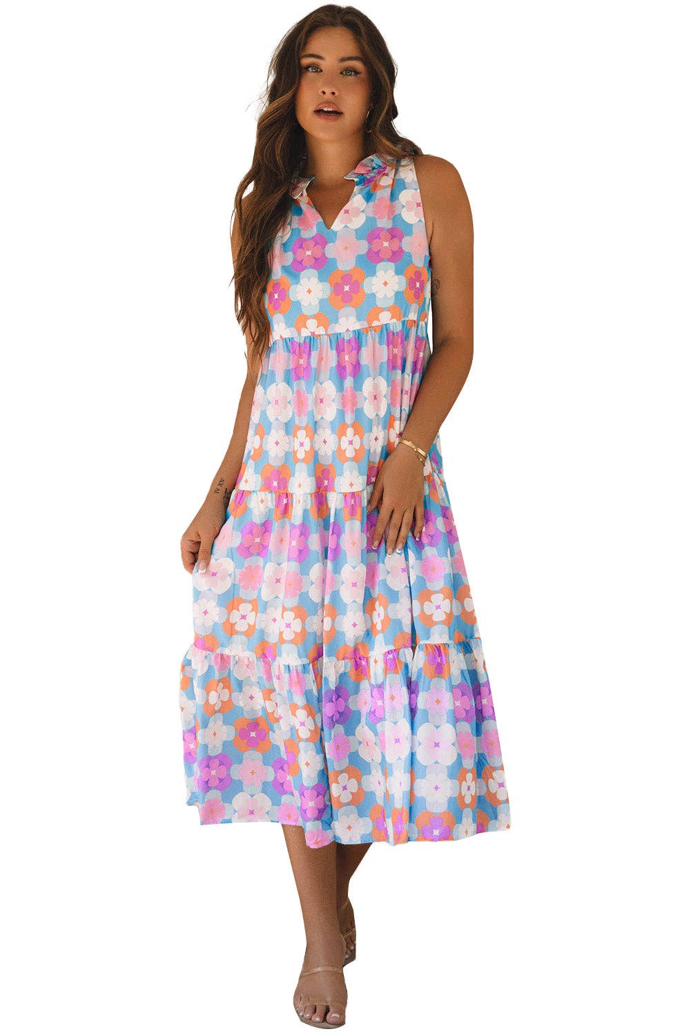 Floral Print Frilly Neck Sleeveless Tiered Maxi Dress: Sky Blue / 100%Polyester / S