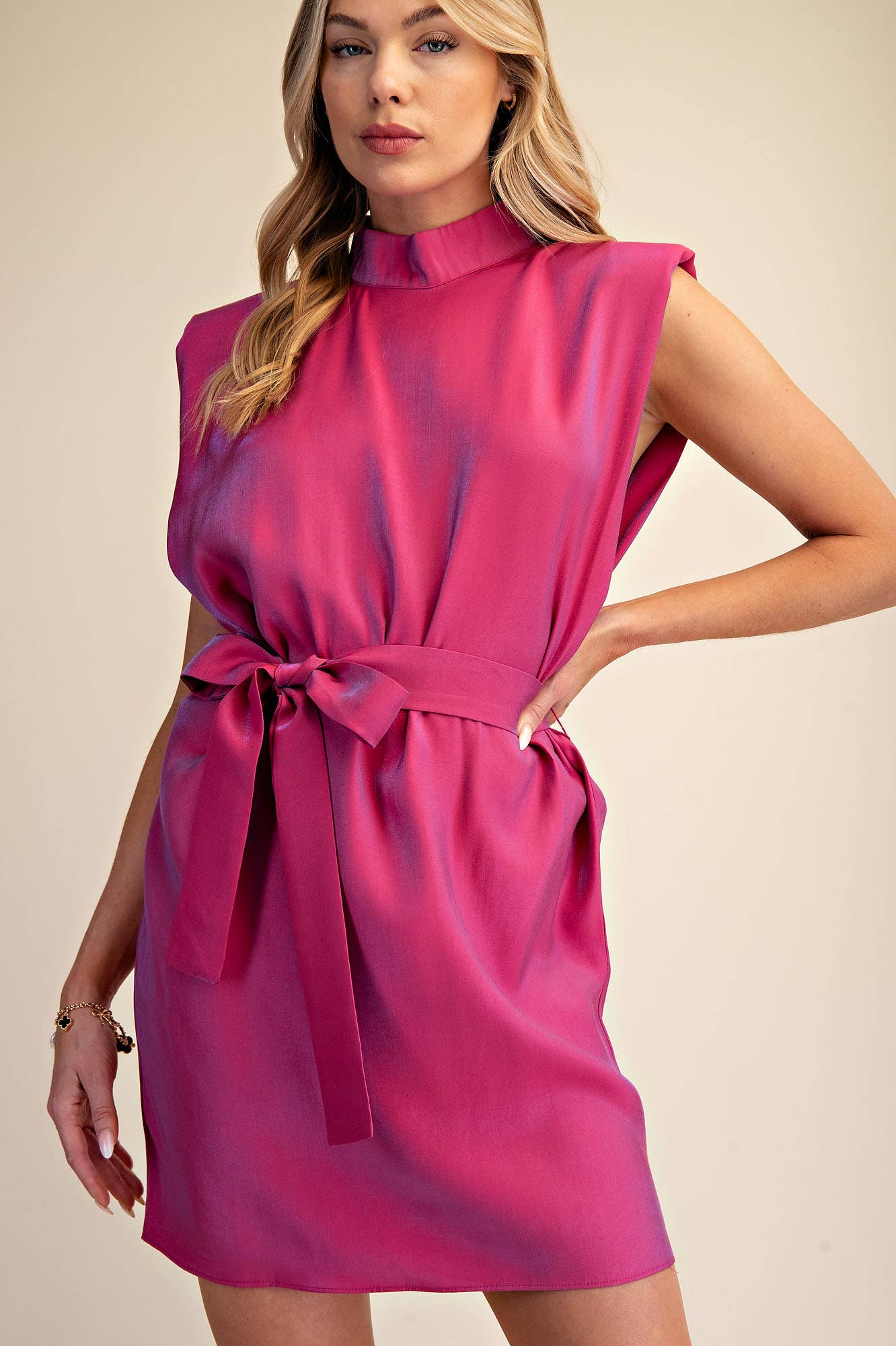 Mock Neck Shoulder Padded Waist Tie Mini Satin Dress: Fuchsia / S
