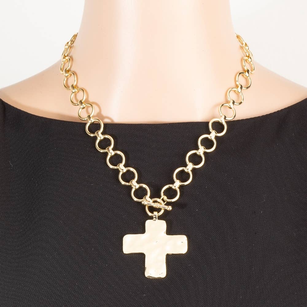 Hammered Flat Cross Pendant Toggle Chain Necklace: SGD