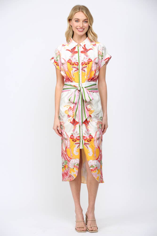 BOTANIC SCARF PRINT SELF TIE WAIST BUTTON DOWN DRESS FD34137: CREAM MULTI / L