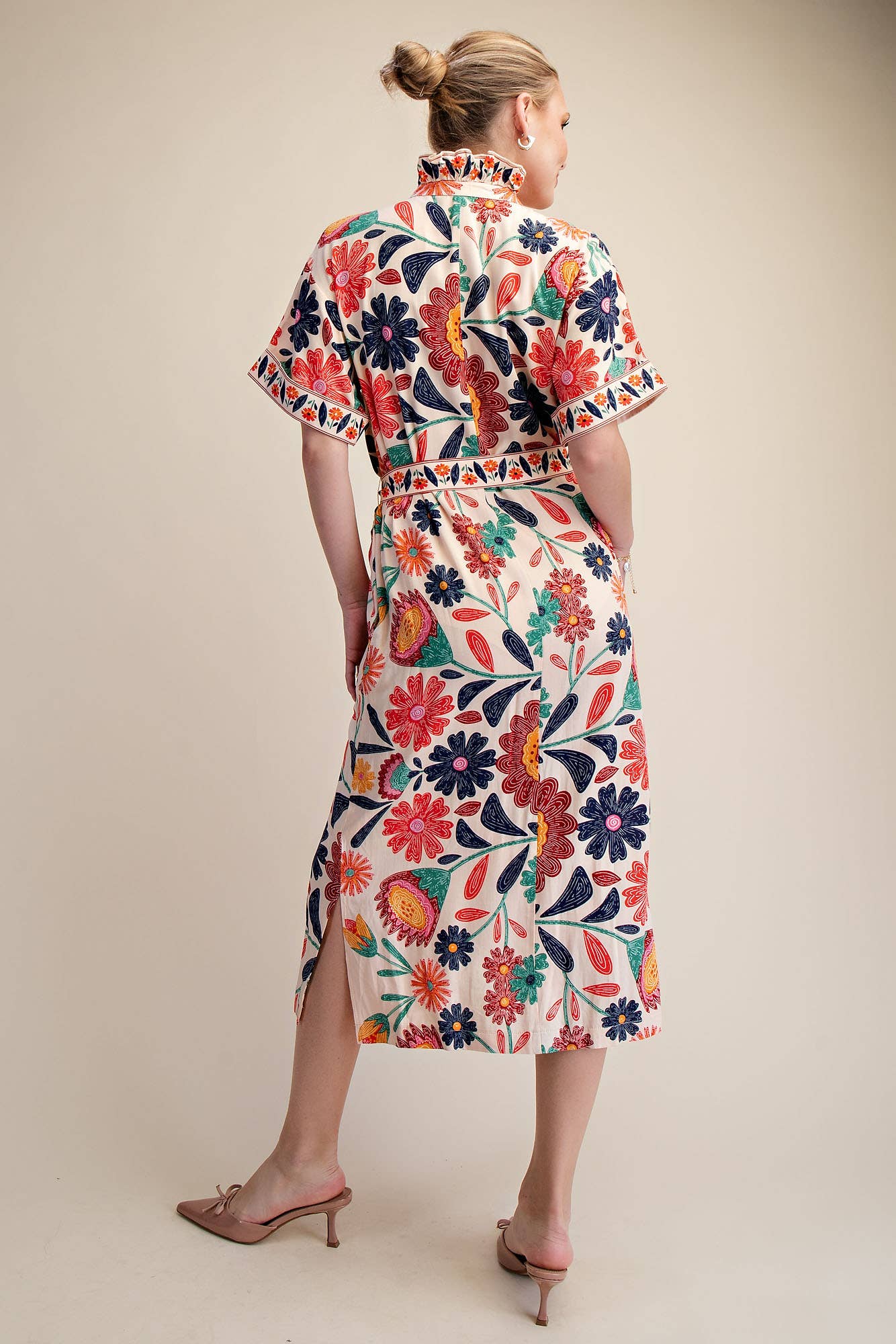 Waist Tie Belt Collar Neck Button-Up Shirts Floral Midi Dres: Coral / M