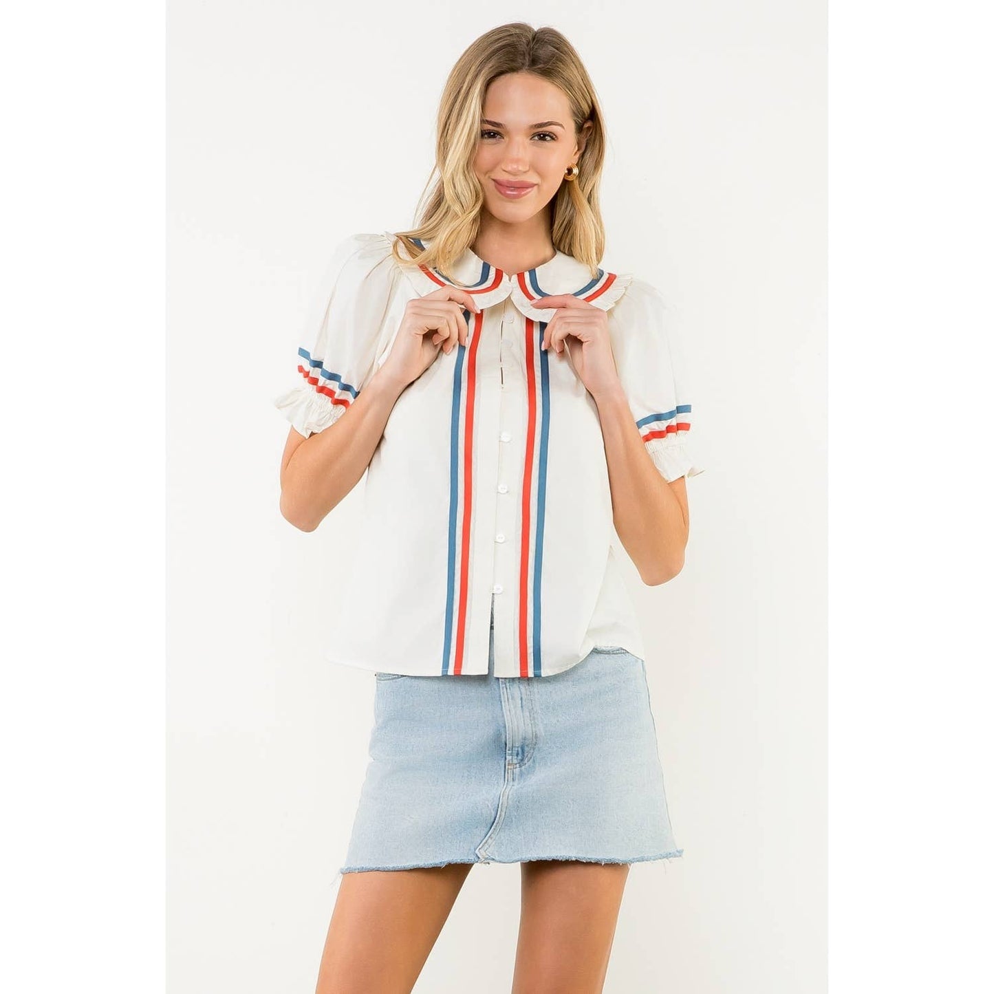 Striped Trim Puff Sleeve Button Top: CREAM / XS-S-M-L(1-2-2-1)