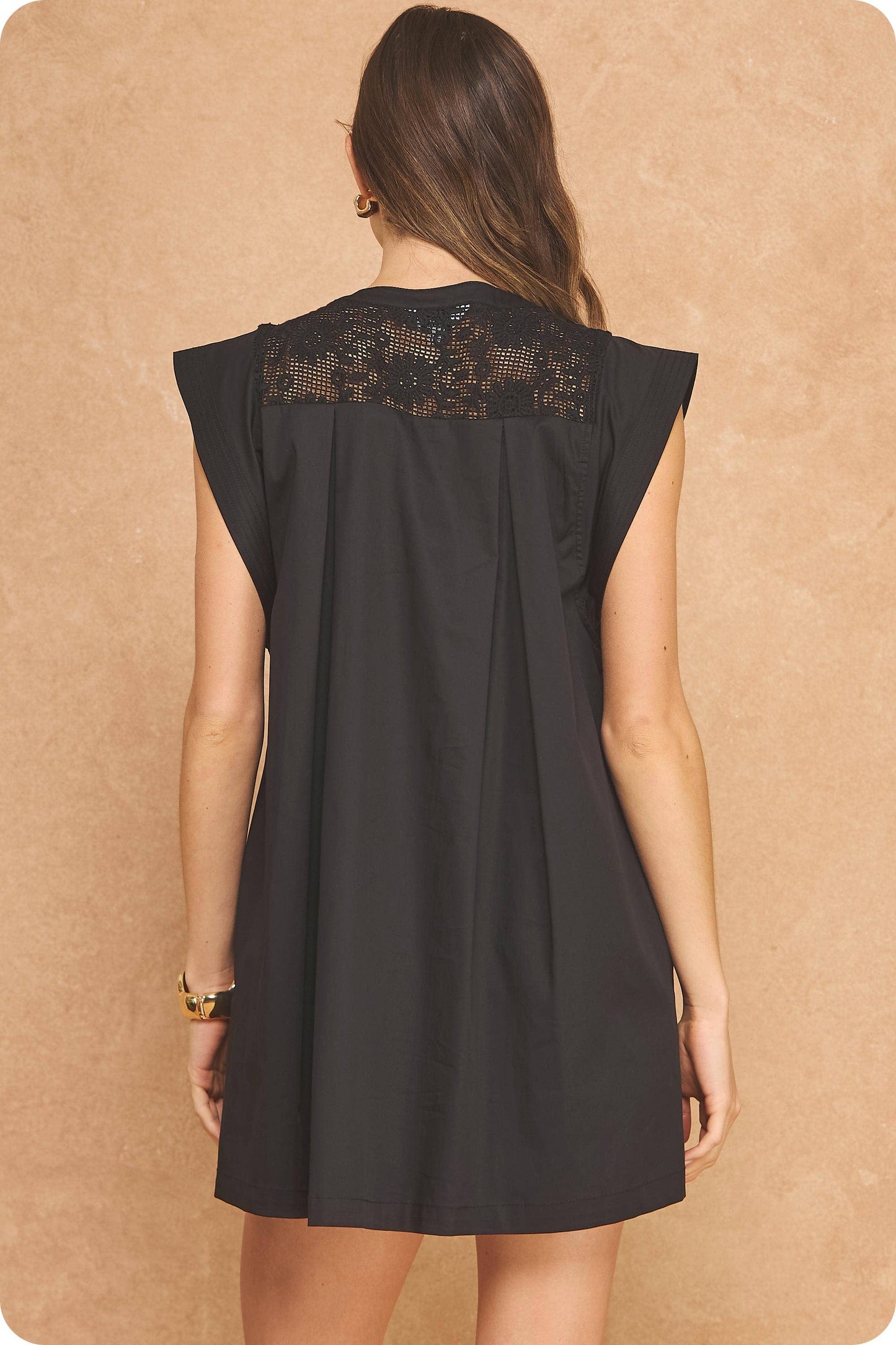 Contrast Floral Crochet Yoke Pleat Mini Dress: Cream / M