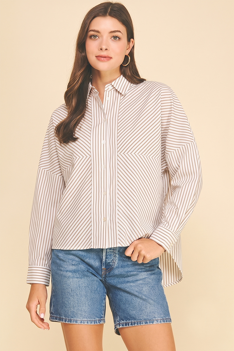 STRIPED BUTTON DOWN SHIRT WITH BLOCKING DETAIL - 6697T: Green / S