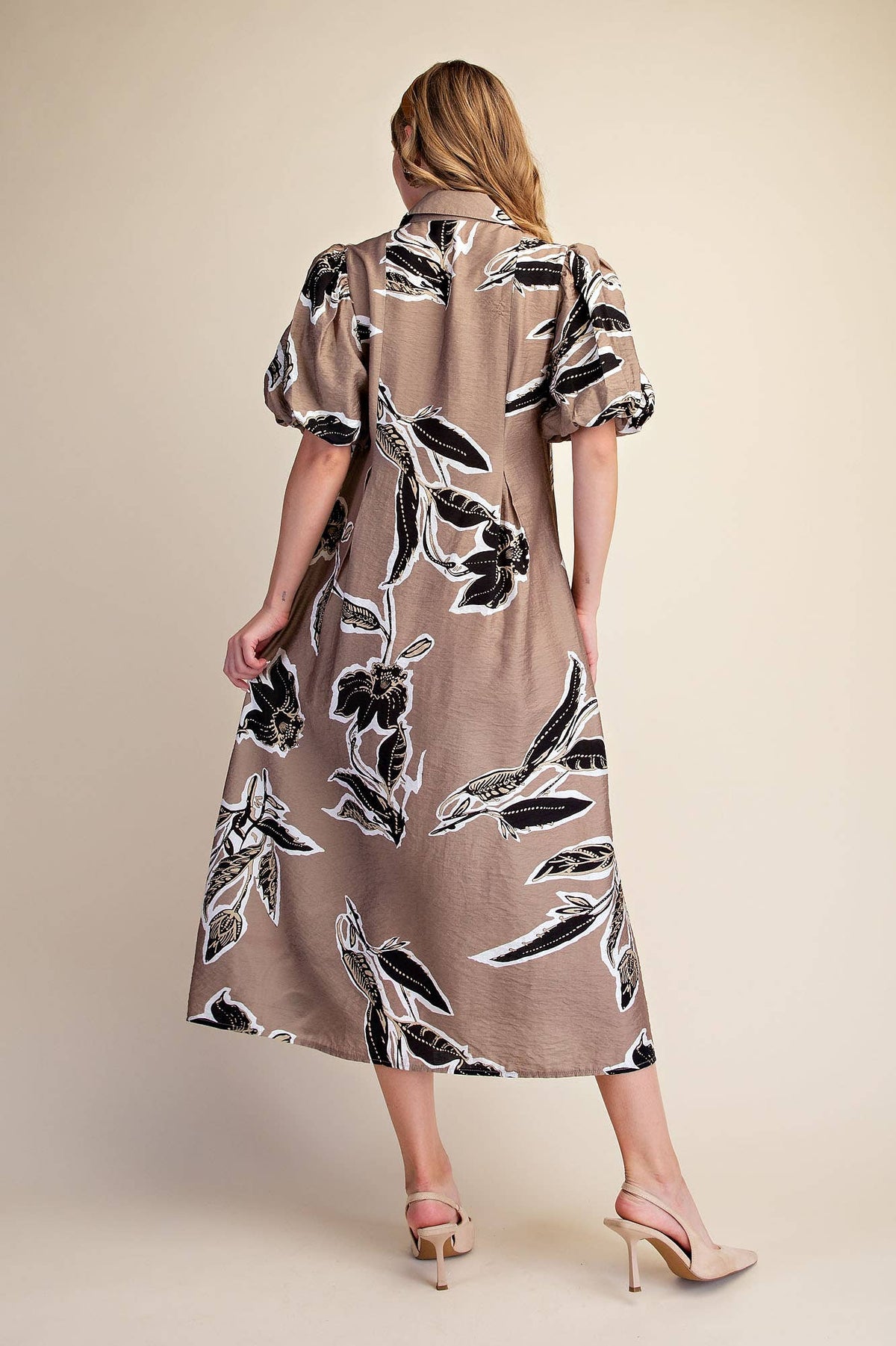 Fall/Winter Print Puff Sleeve Midi Dress : Rust / S