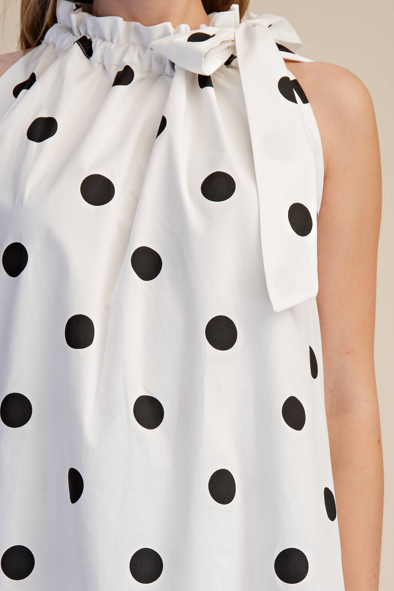 Ruffle Neck Tie Sleeveless Polka Dot Midi Dress: Blue / L
