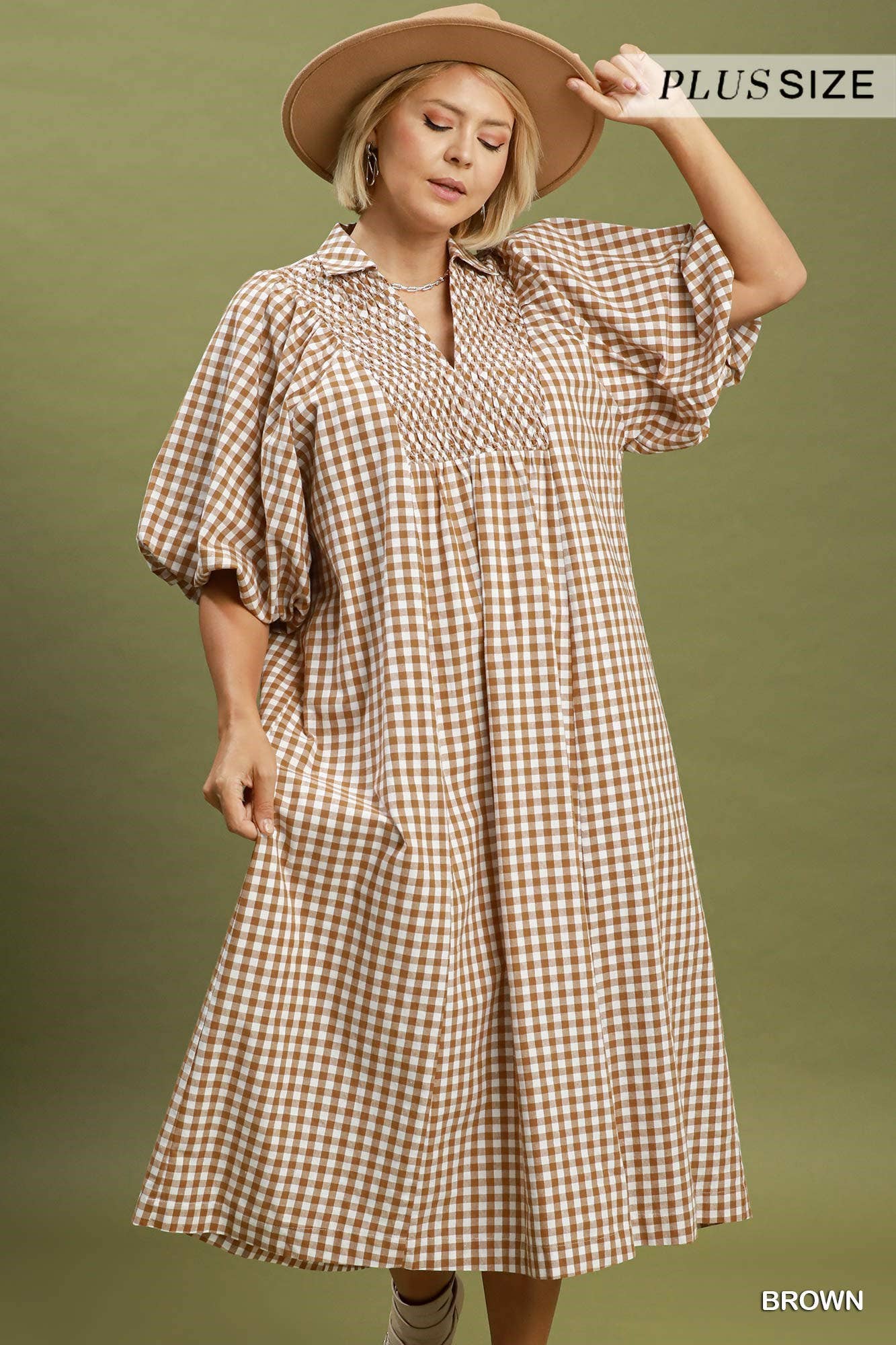 Plus Puff Sleeve Plaid Midi Dress: CRIMSON / 1-1-1(XL-1XL-2XL)