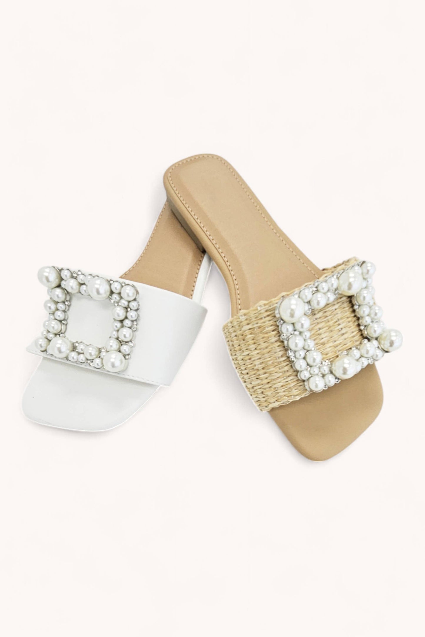PRIME-78 PEARL JEWEL SQUARE FRAME SLIP-ON SANDALS: BEIGE RAFFIA / B18