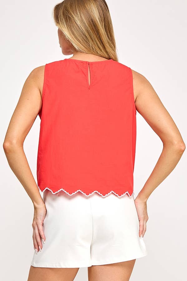 Floral Embroidery Sleeveless Top: Off White / L