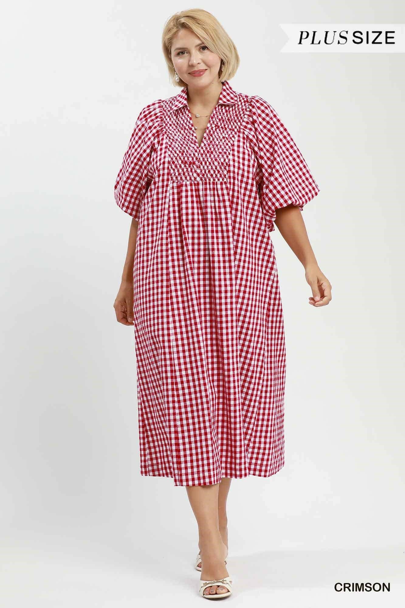 Plus Puff Sleeve Plaid Midi Dress: CRIMSON / 1-1-1(XL-1XL-2XL)