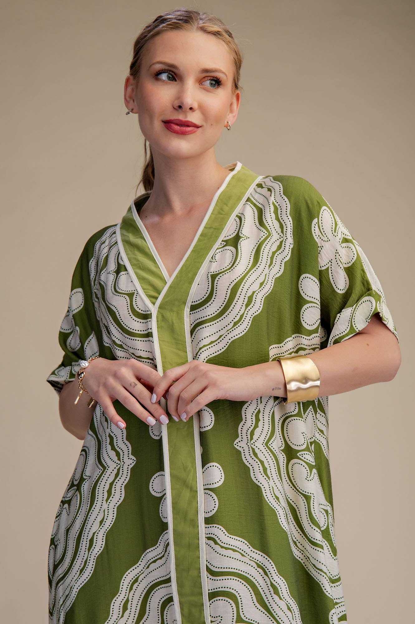 V-Neck Short Sleeve Maxi Print Dress: Blue / L