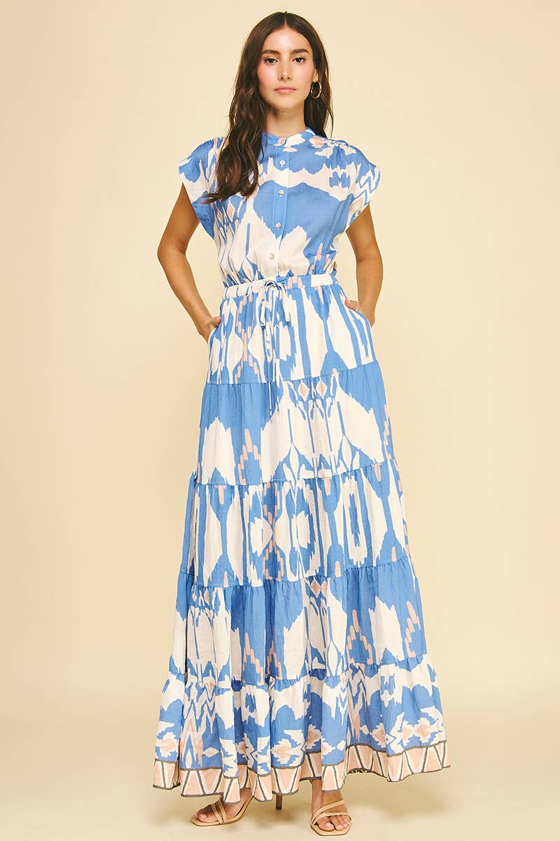 GEOMETRIC PATTERN TIERED MAXI DRESS - 6198DB: BLUE MULTI / L