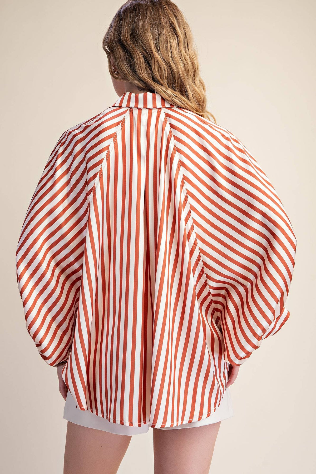 Stripe Wide Puff Sleeve Buttondown Shirt: Olive / L