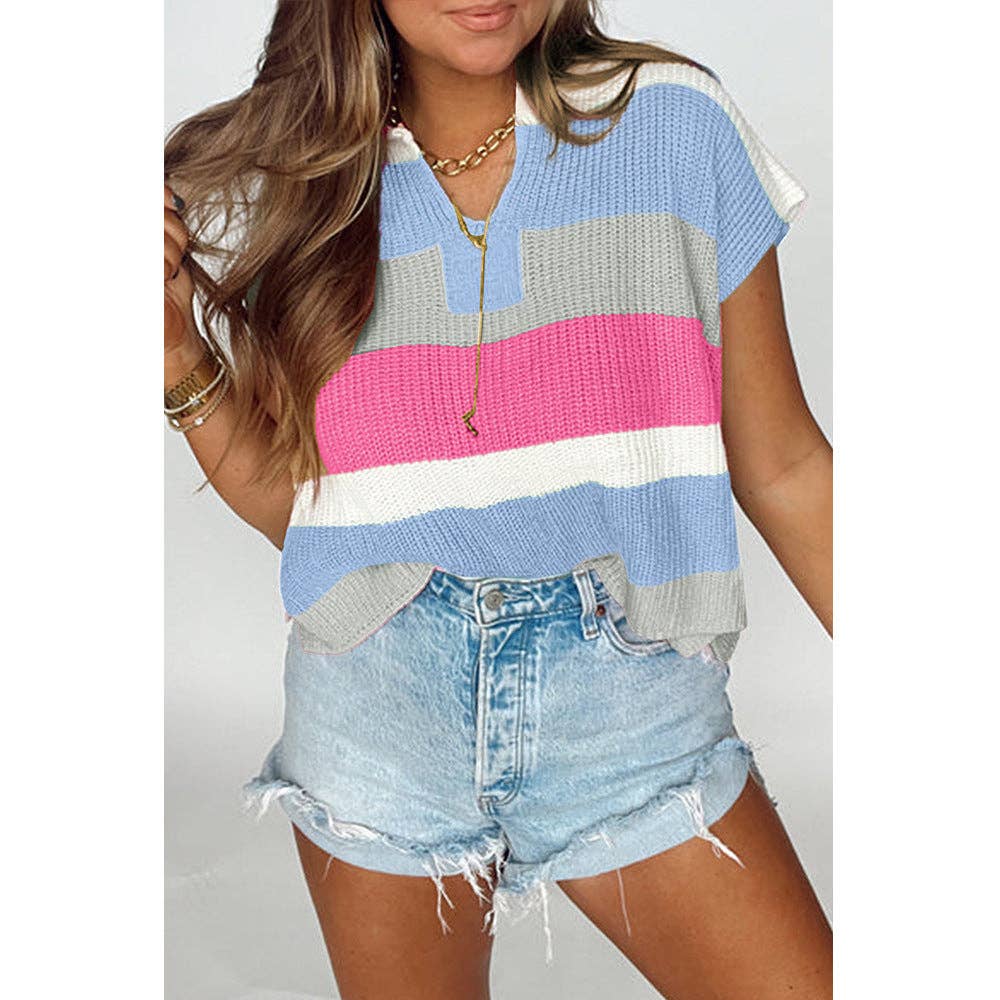 Colorblock Striped Knit Top Casual V Neck Short Sleeve Sweater Women: Green / M