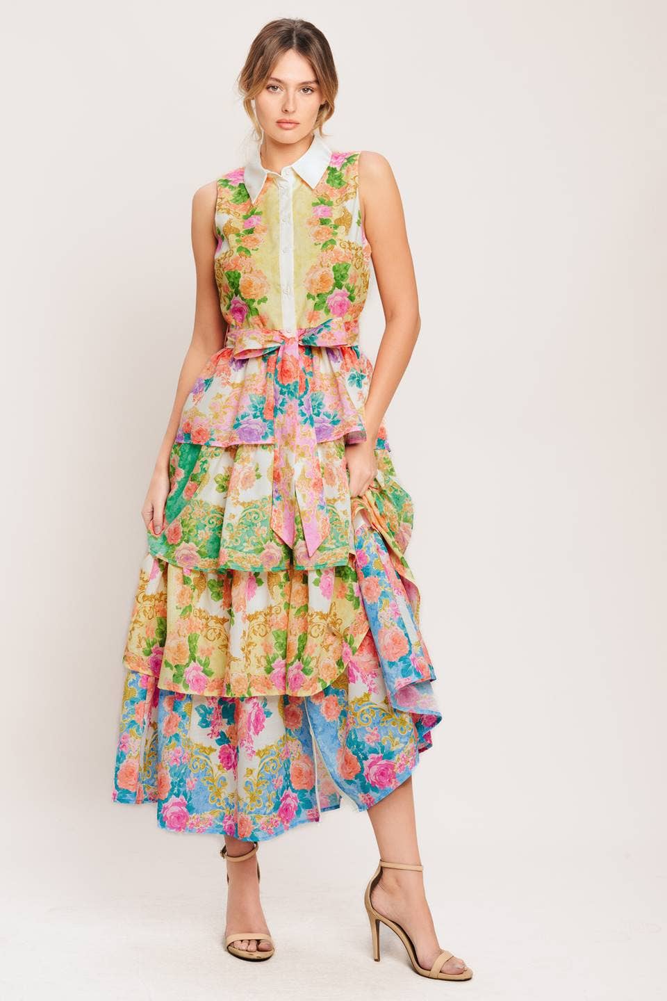 A printed woven midi dress - ID23280: YELLOW BLUE PINK / Contemporary / M