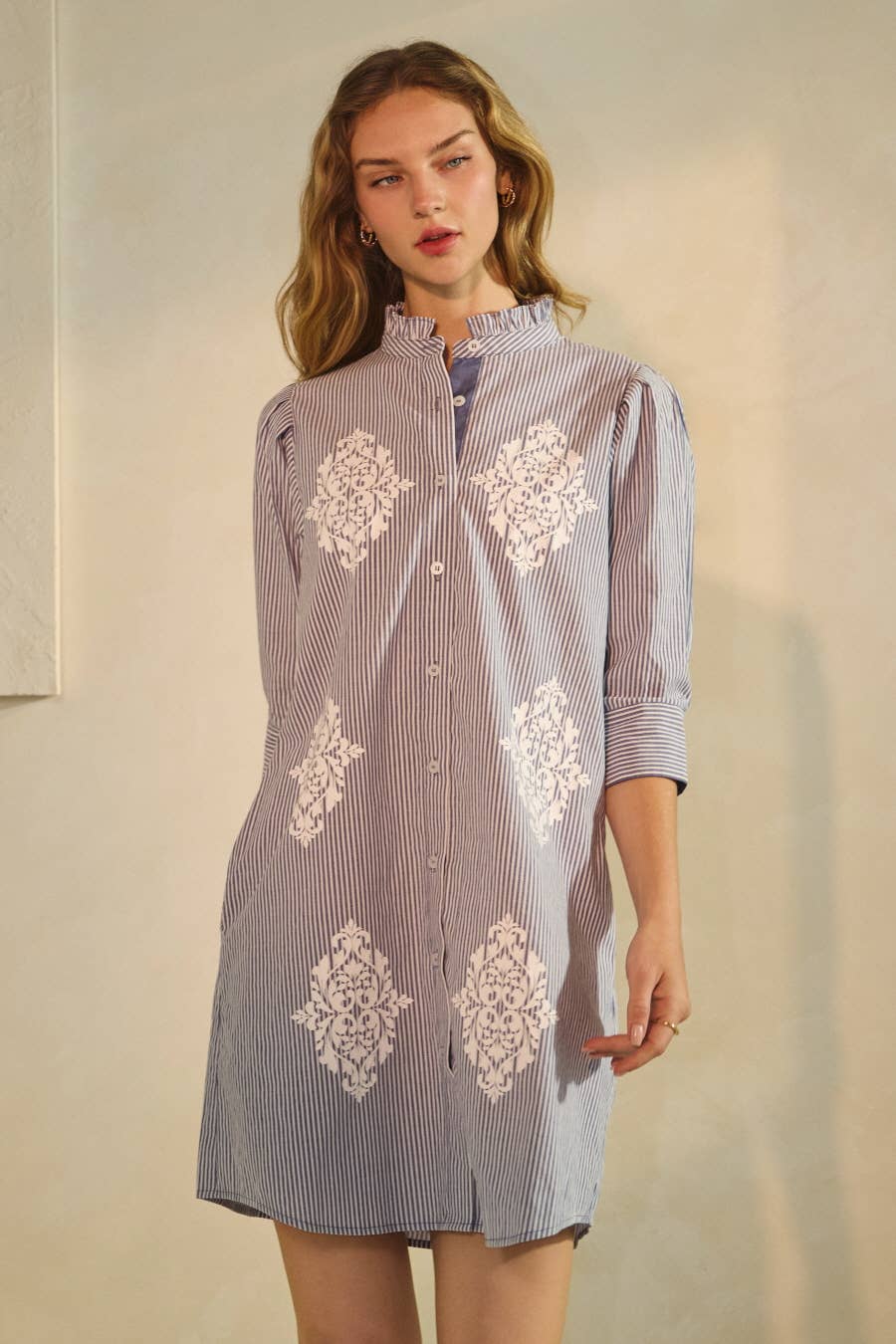 Plus Striped Shirt Dress: Blue / XL