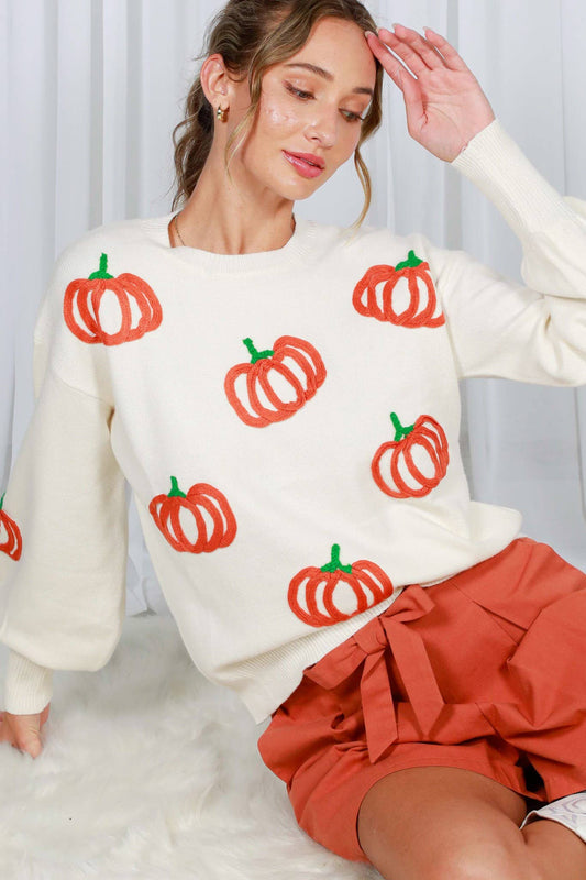 Pumpkin Embroidered Crew Neck Knitted Sweater Top VT82559: Cream / S