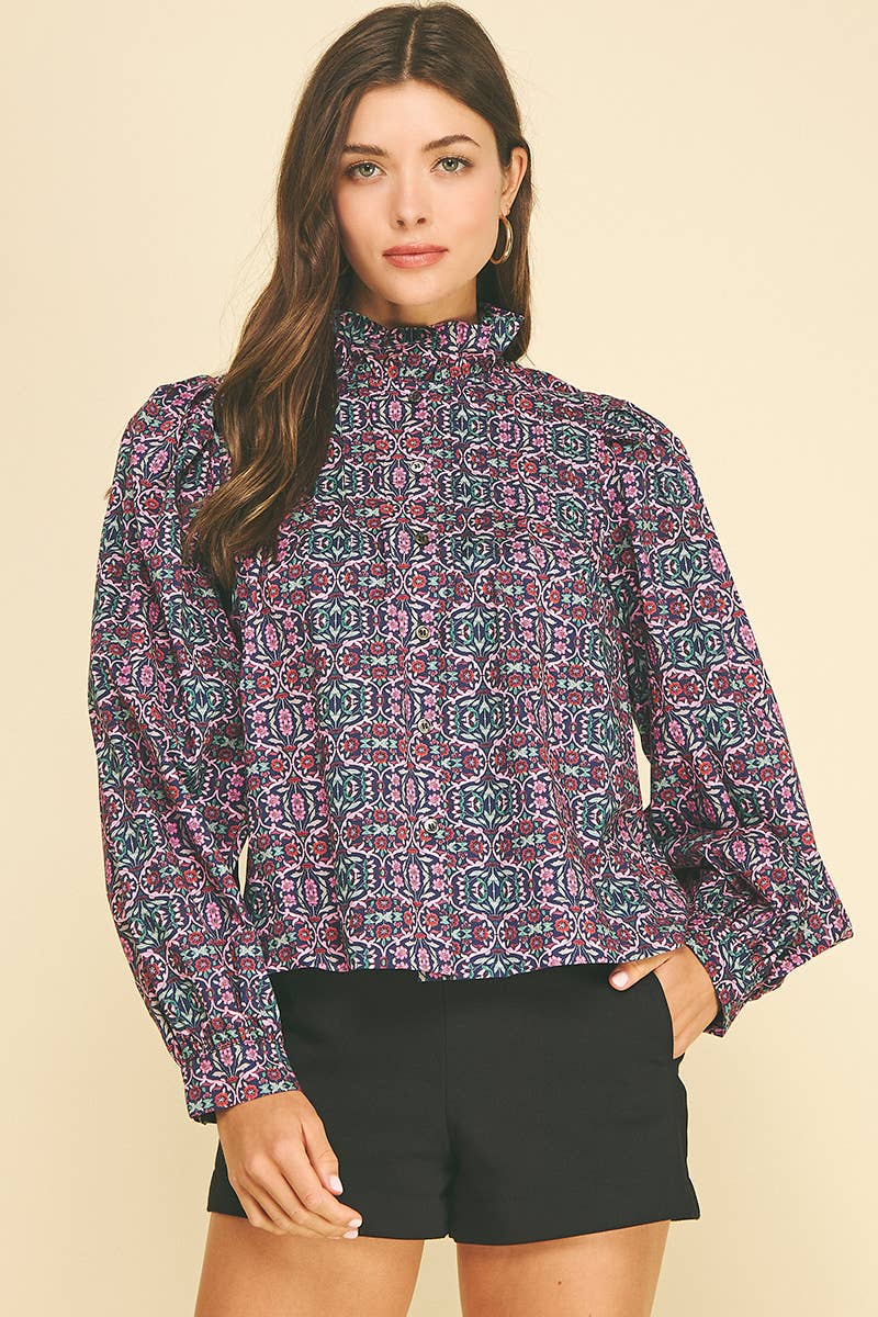 GEOMETRIC FLORAL RUFFLED MOCK NECK BLOUSE - 7594T: NAVY PINK / S
