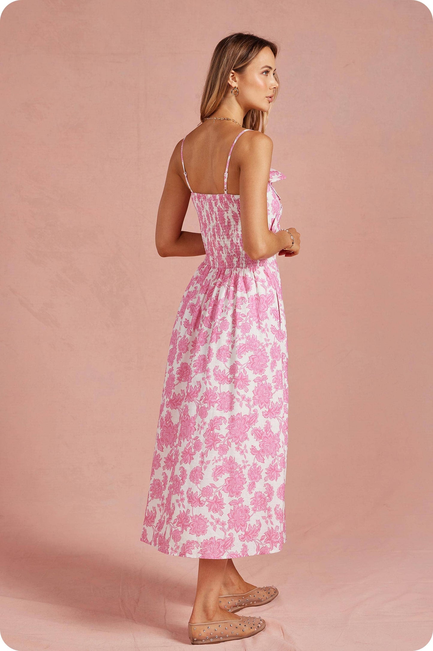 Botanical Garden Bow Flower Sleeveless Midi Dress: Pink/white / S