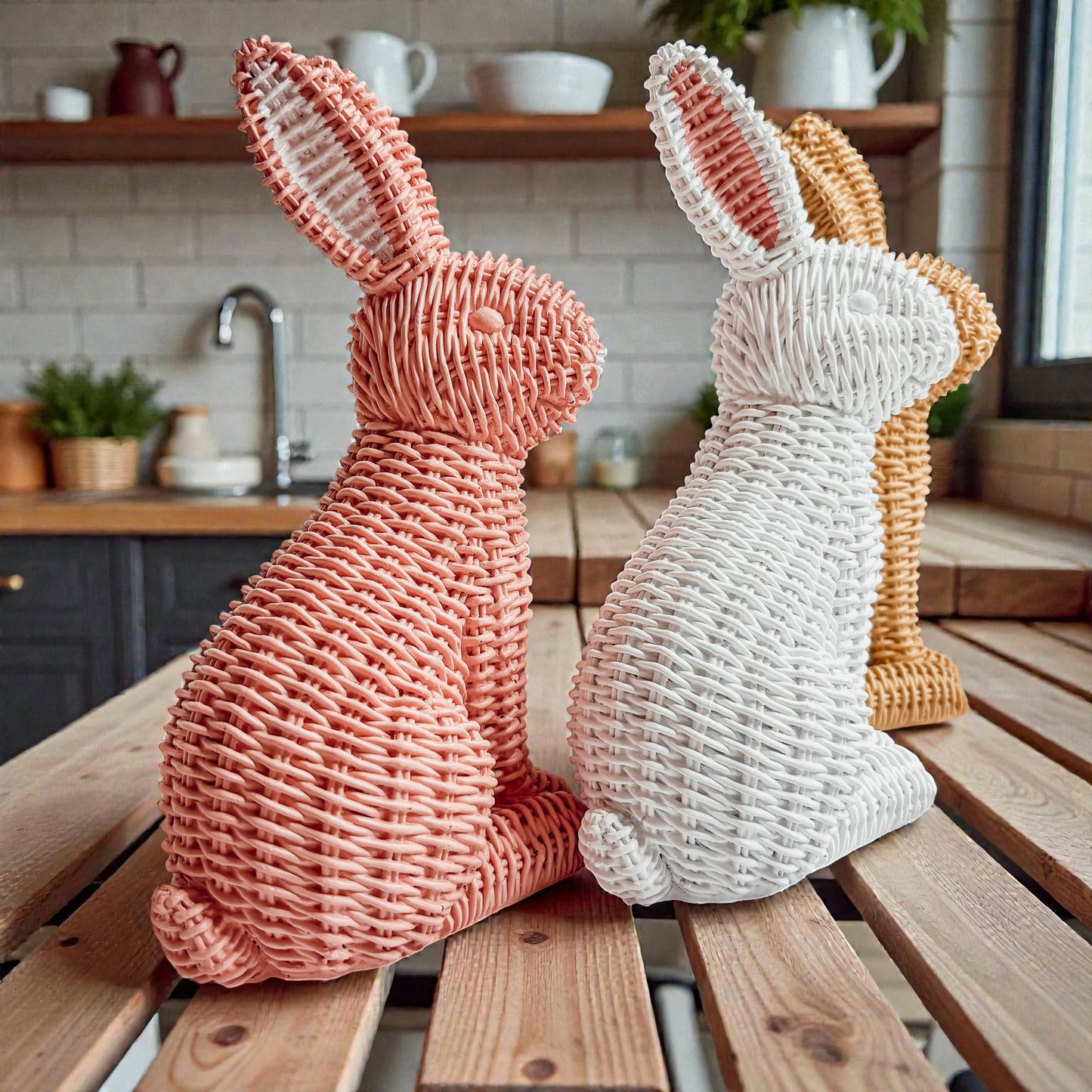 Easter Farmhouse Home Decor, Resin Bunny Figurine Rattan : White