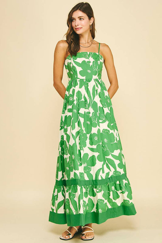 FLORAL TIERED MAXI DRESS - 6658D: GREEN FLORAL / S