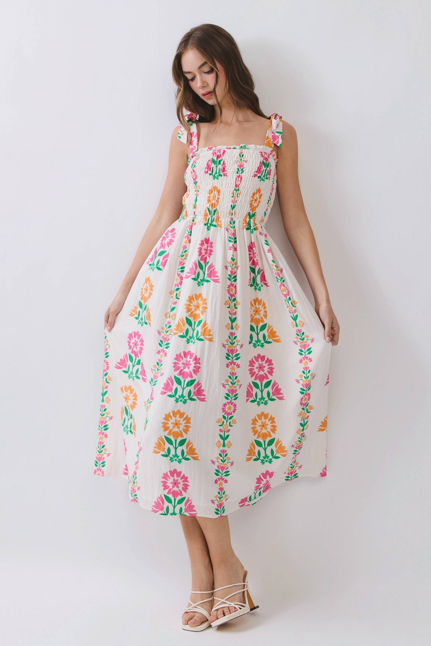 CD07037-Floral Print Smocked Bodice Tie Strap Midi Dress: Pink / M
