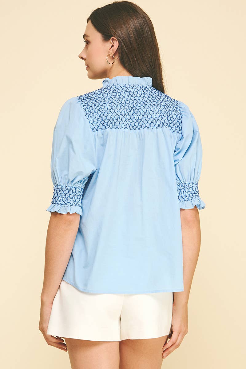EMBROIDERED BUTTON DOWN BLOUSE TOP - 4951TB: Pink / S