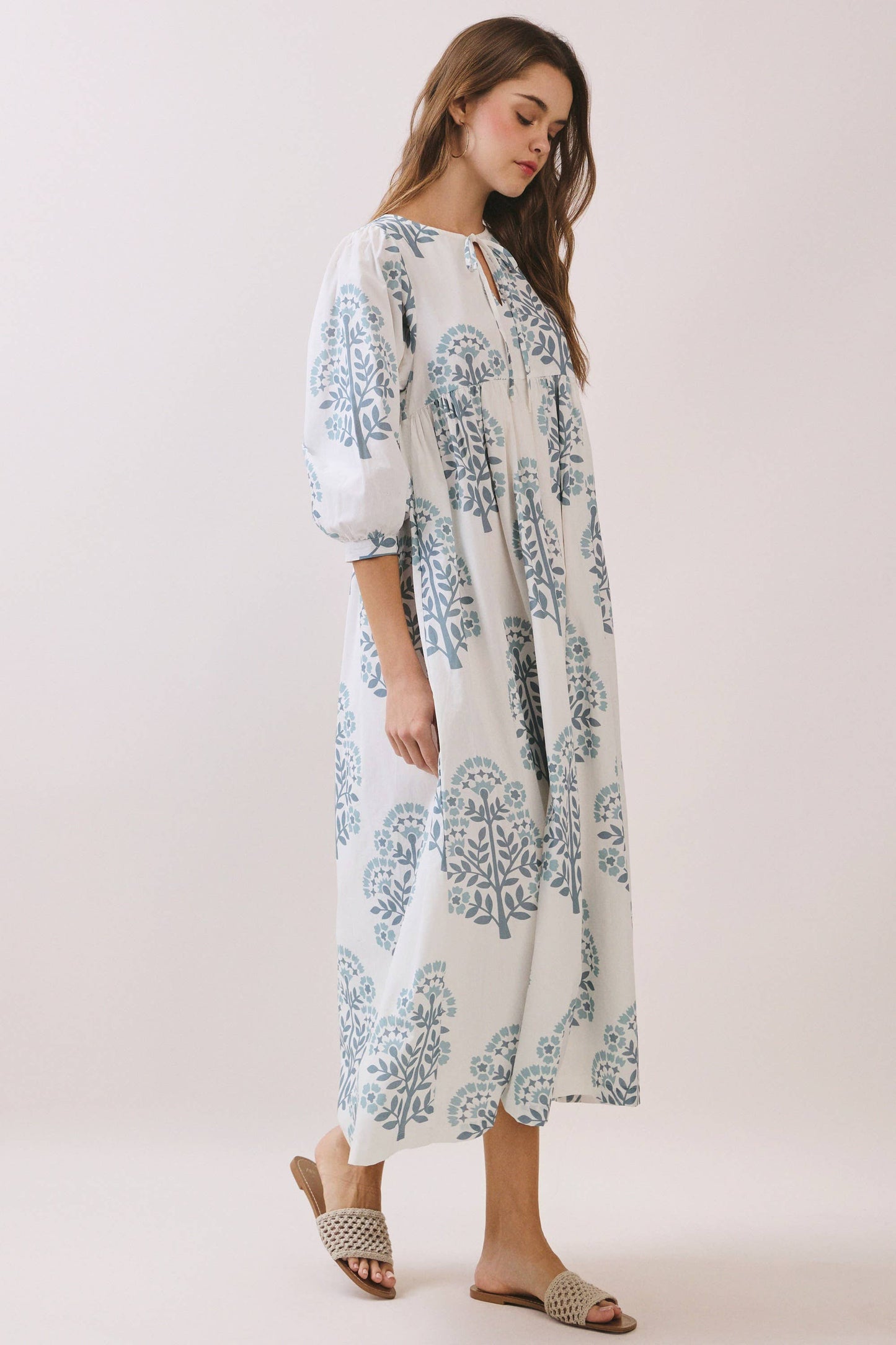CD06780-Printed Keyhole Front Dress With Balloon Sleeves: Blue / M