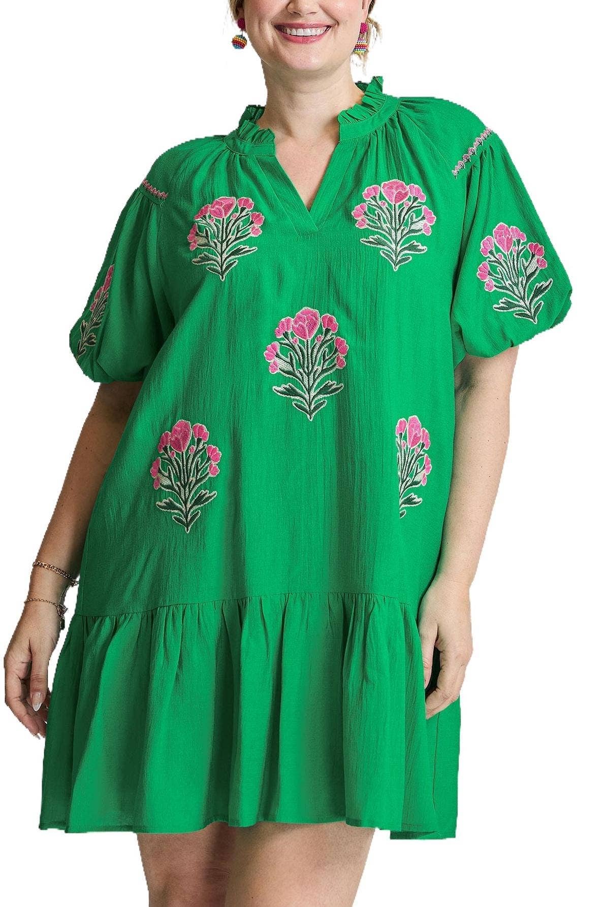 Plus Boho Floral Embroidered Mini Dress: KELLY GREEN / 1-1-1(XL-1XL-2XL)