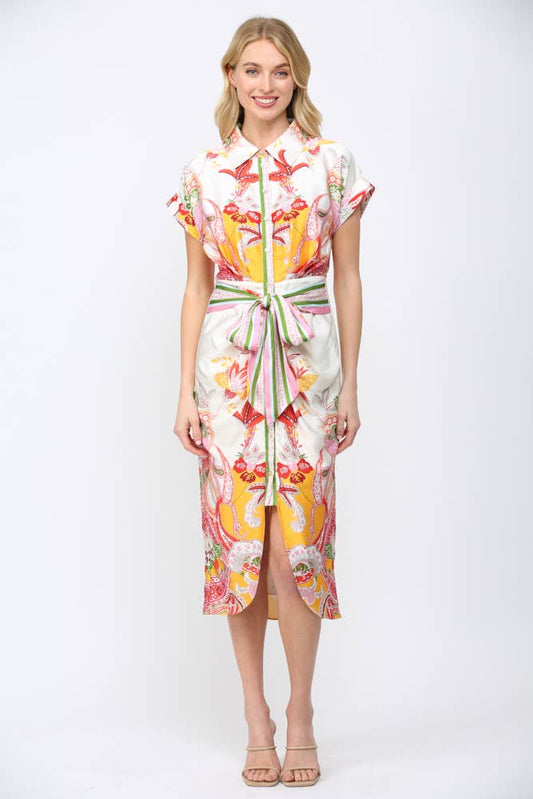 BOTANIC SCARF PRINT SELF TIE WAIST BUTTON DOWN DRESS FD34137: CREAM MULTI / S
