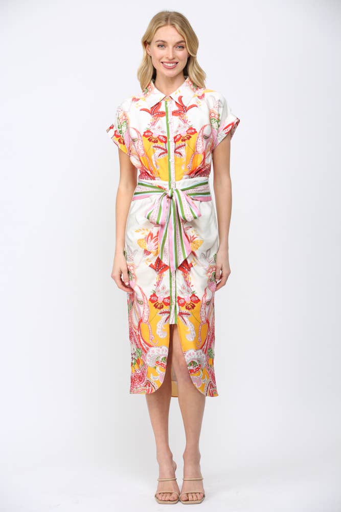 BOTANIC SCARF PRINT SELF TIE WAIST BUTTON DOWN DRESS FD34137: CREAM MULTI / M