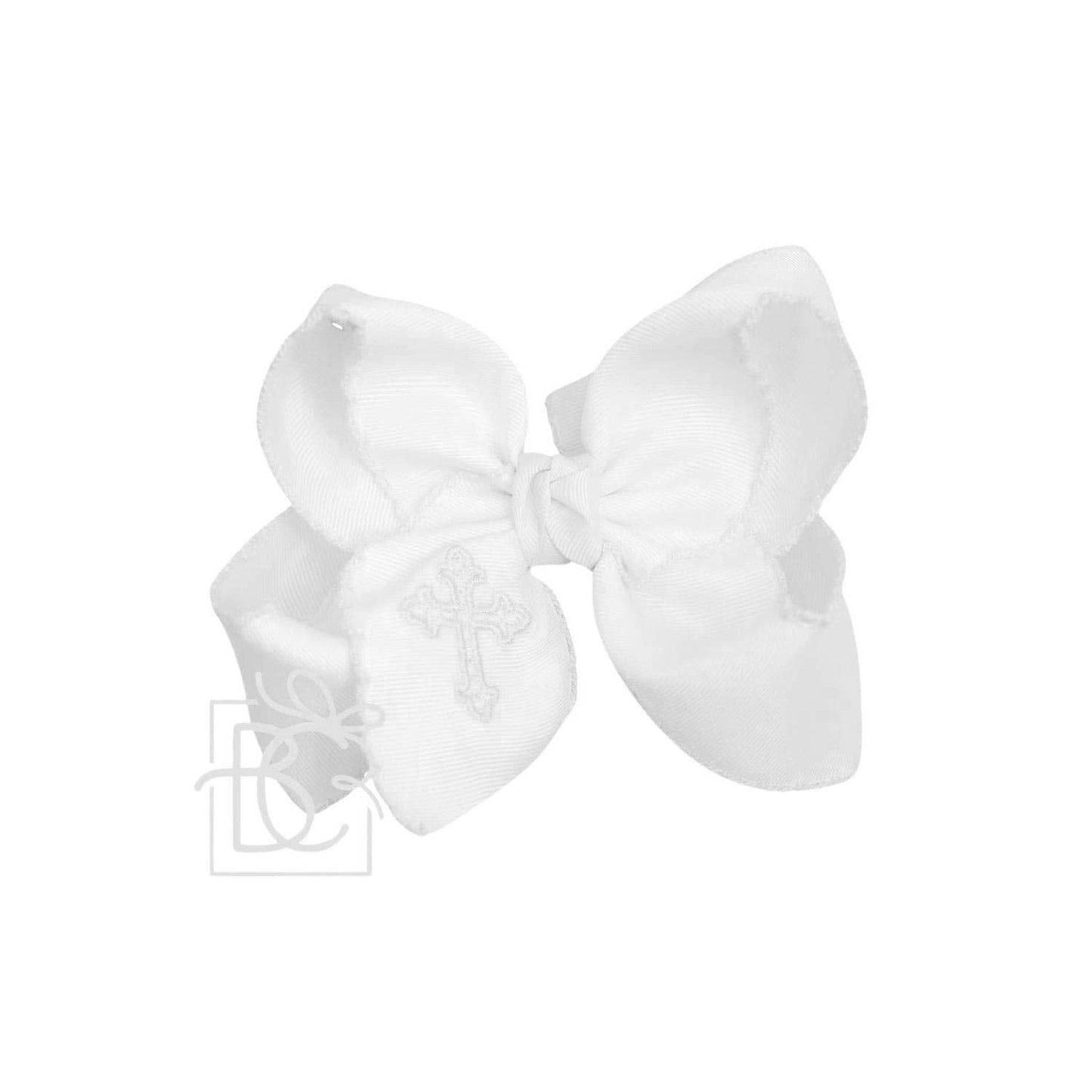 EMBROIDERED CROSS CROCHET EDGE BOWS: Antique white/ White / 4.5" Large Bow