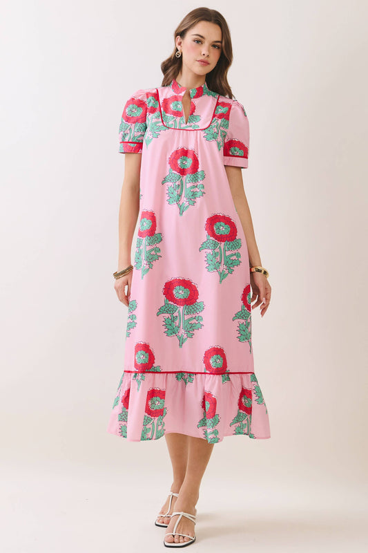 CD06976-Floral Print Mandarin Collar Midi Dress: Pink / L