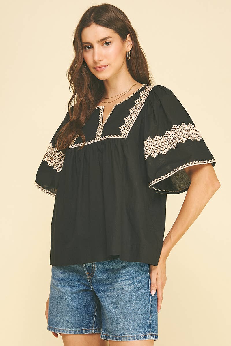 BOHO EMBROIDRED PUFF SLEEVE BLOUSE - 7132T: Blue / L