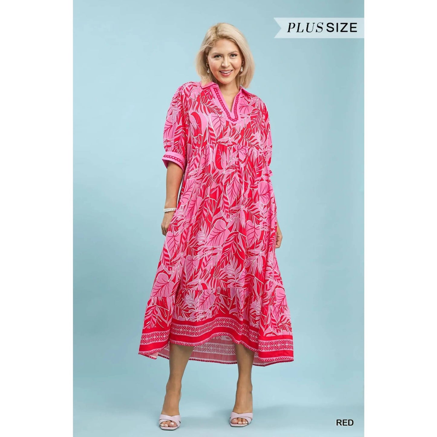 PLUS Leafy Border Print V-Neck Midi Dress : BLUE / 2X