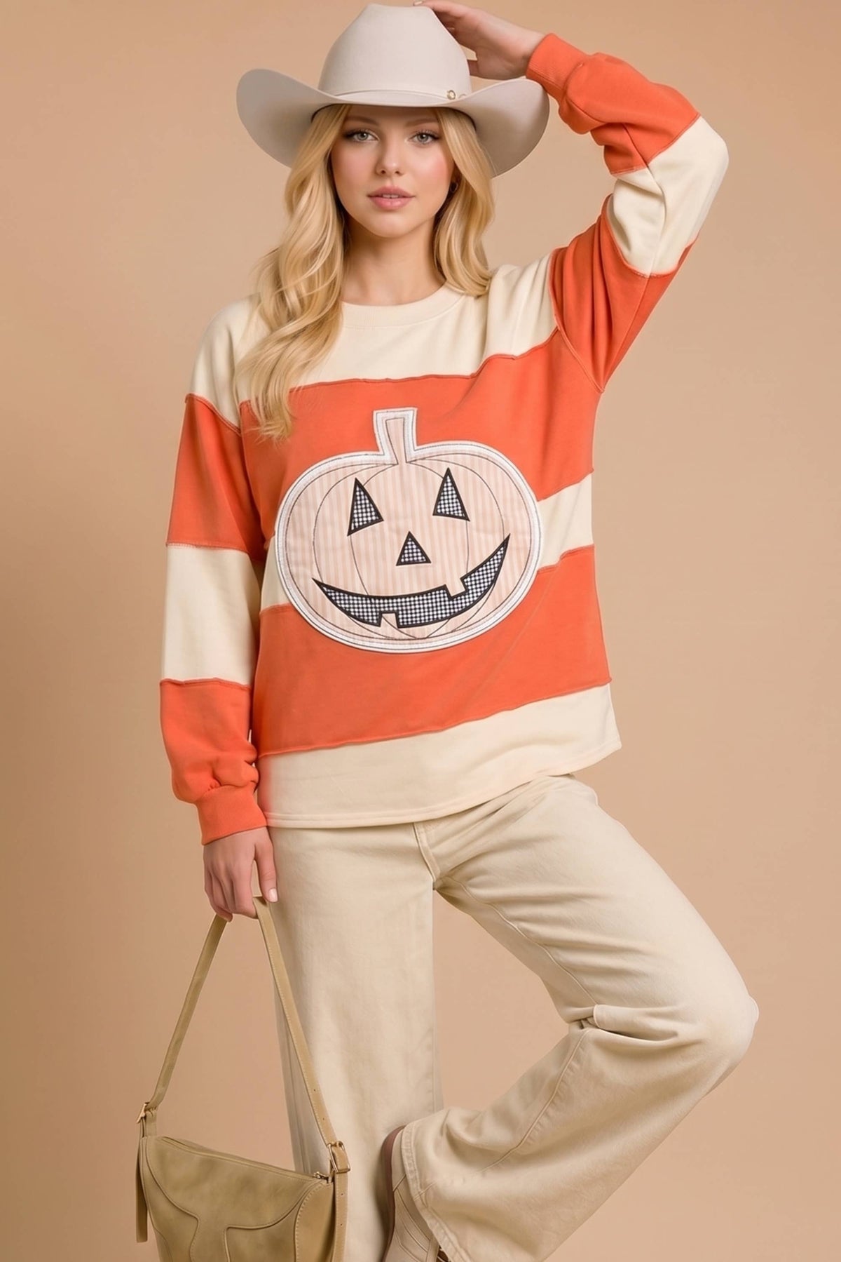 Pumpkin Appliqué Color Block Pullover: BURNT ORANGE/CREAM / S-M-L (2-2-2)