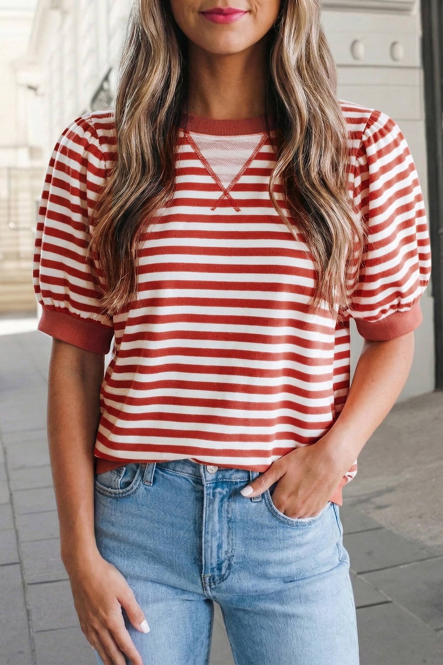 Stripe Short Bubble Sleeve Round Neck Tee | S-XL: Blue / M