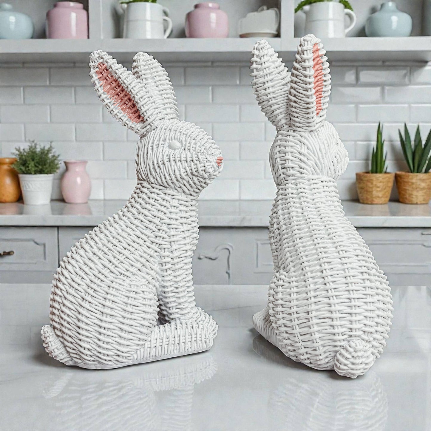 Easter Farmhouse Home Decor, Resin Bunny Figurine Rattan : White