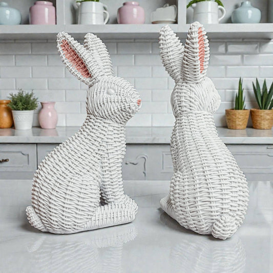 Easter Farmhouse Home Decor, Resin Bunny Figurine Rattan : White