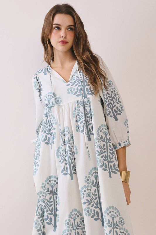 CD06780-Printed Keyhole Front Dress With Balloon Sleeves: Blue / S