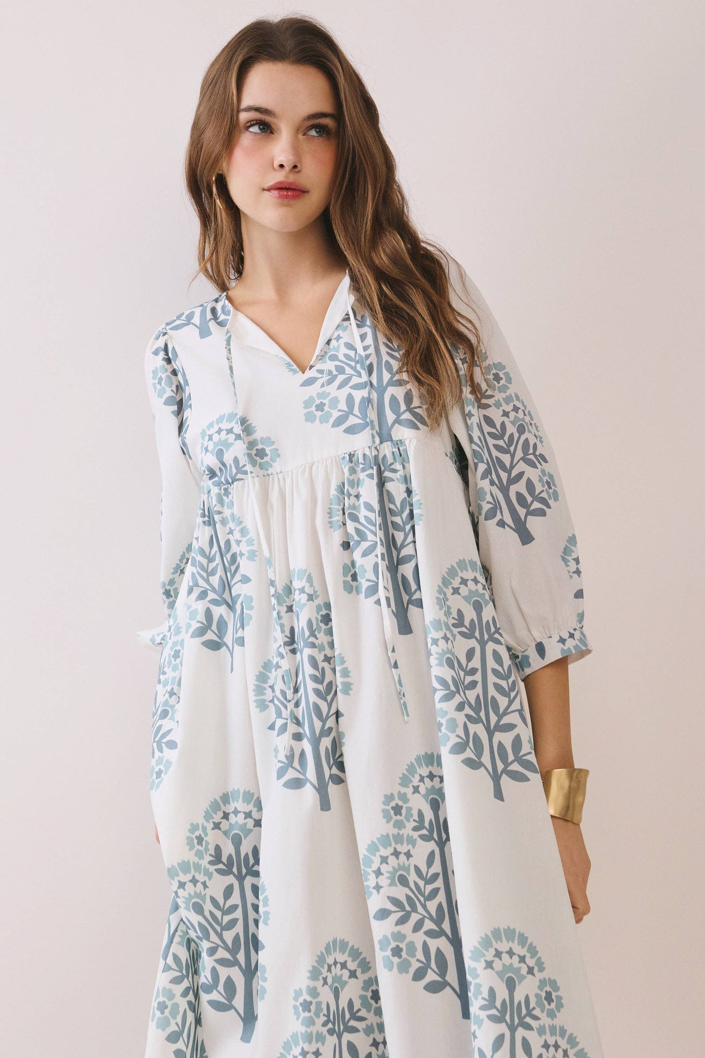 CD06780-Printed Keyhole Front Dress With Balloon Sleeves: Blue / M