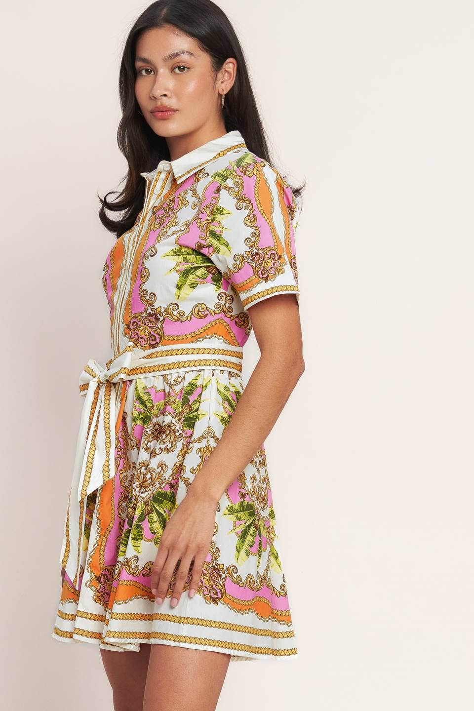 A printed woven mini shirt dress - ID23207: OFF WHITE PINK ORANGE / Contemporary / L